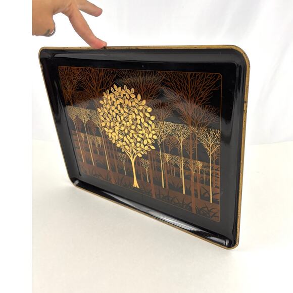 VTG Lacquerware Serving Tray Otagiri Original Japan Gold Gilt Tree Forest 14" - Picture 11 of 13
